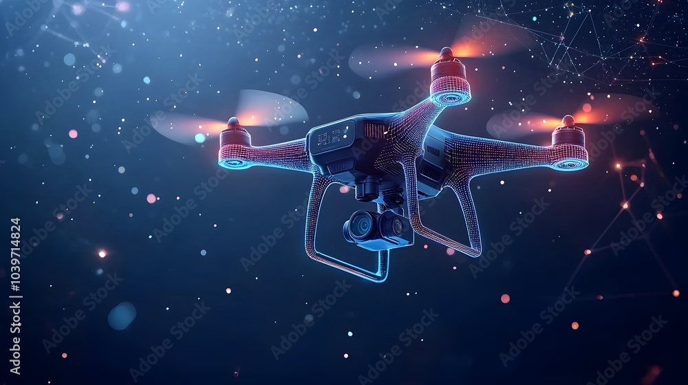 Leinwandbilder Futuristic glowing mesh drone with neon propellers spinning and hovering in dynamic abstract and surreal motion showcasing innovative technology and digital energy