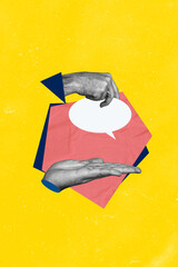 Vertical photo collage of hands hols text box bubble communication concept dialogue message phrase...