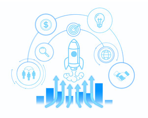 Rocket launching with various business-related icons, such as dollar sign, handshake, and light bulb, on white background. Concept of startup growth and innovation