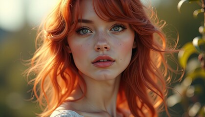 Fototapeta premium Radiant redhead woman with serene expression gazing softly against blurred nature background