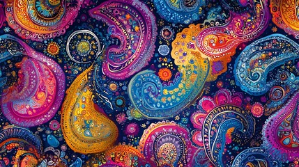 A vibrant, swirling paisley pattern filled with intricate designs and bright colors.