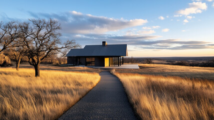 A distant view of a modern home featuring a corrugated metal roof, standing out amidst a rural landscape, symbolizing the harmony between industrial materials and natural settings.