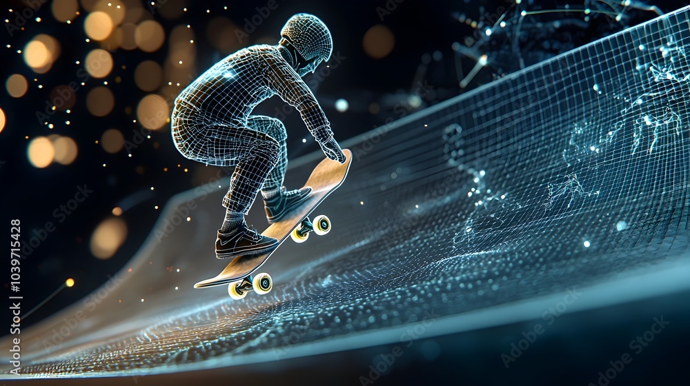 Fototapete futuristic image of a skateboarder performing dynamic tricks with glowing mesh trails in a vibrant n