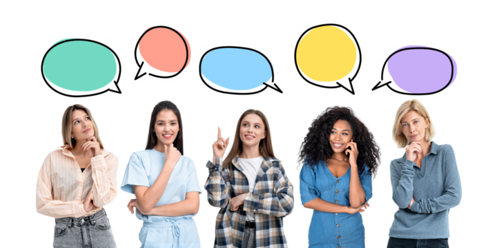 Five women in various poses with colorful speech bubbles above them, isolated on a clean white background, representing conversation or ideas