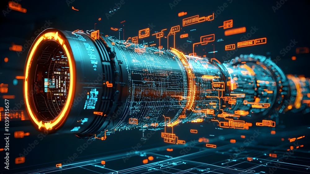 Aufkleber futuristic industrial pipelines with a neon mesh overlay representing the flow of digital data and i
