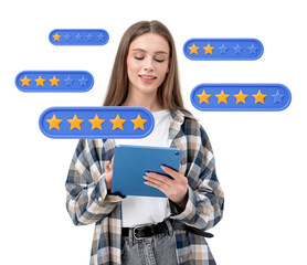 A woman holding a tablet, smiling while reviewing star ratings. Star icons hover around her....