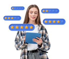 A woman holding a tablet, smiling while reviewing star ratings. Star icons hover around her. Isolated on a white background, concept of online feedback