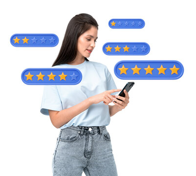A woman interacts with her phone, surrounded by star rating icons. Concept of customer feedback and online reviews on a white background