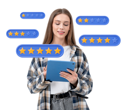A woman holding a tablet, smiling while reviewing star ratings. Star icons hover around her. Isolated on a white background, concept of online feedback