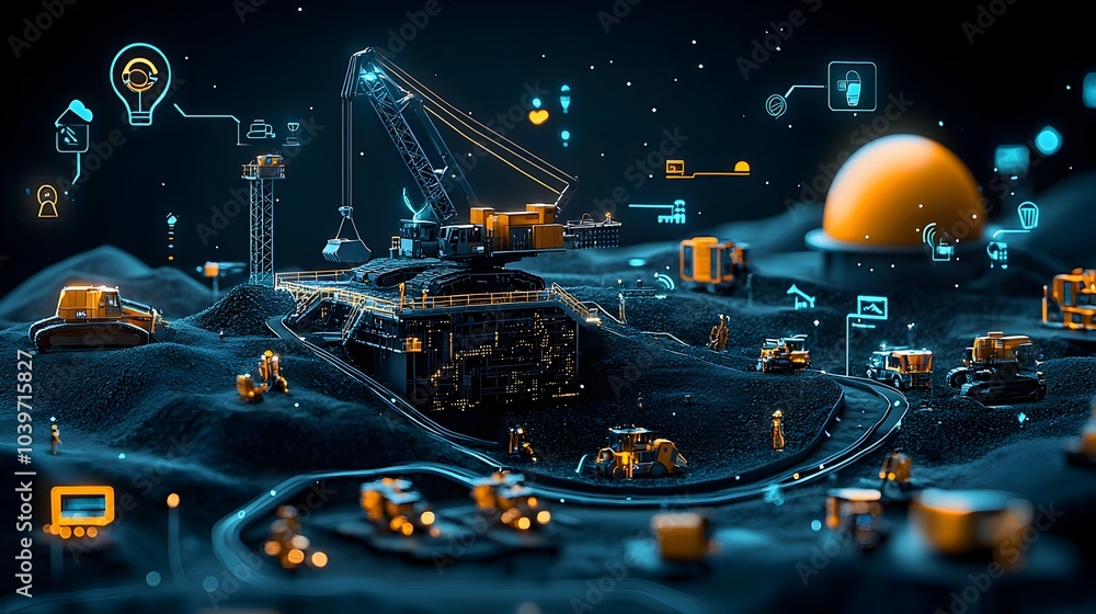 Poster futuristic neon lit mining excavation sites with glowing mesh overlays showcasing the technological 