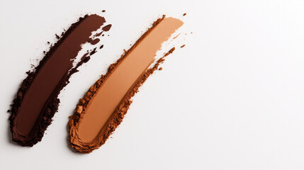 Fototapeta premium A flat lay of three textured eyeshadow smears in beige, brown, and gold tones, the pigments blending into each other against a minimalist white backdrop, symbolizing makeup artistr