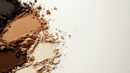 A top-down view of beige, brown, and gold crushed eyeshadow powders, artfully smeared on a white canvas, capturing the richness and depth of the makeup textures.