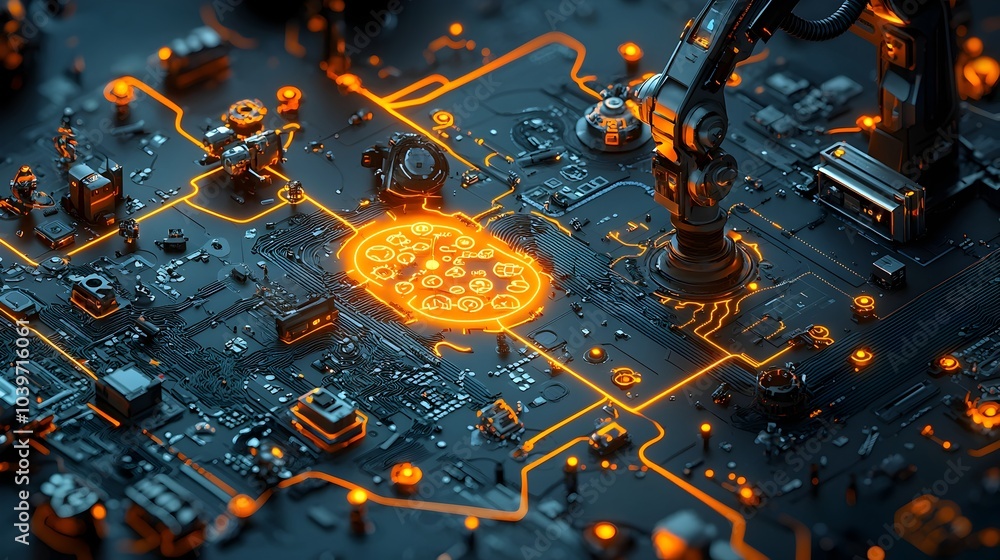 Poster futuristic visualization of an advanced industrial robotics network