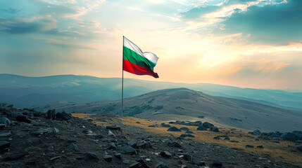 The Bulgarian flag is hanging on a flagpole and fluttering in the wind. The white-green-red Bulgarian flag on the background of the sunset sky. Immigration and tourism. Citizenship and patriotism