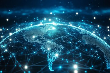 futuristic digital cover featuring a glowing global network with interconnected nodes.