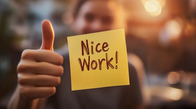 A hand with a thumbs up gesture holding a yellow sticky note with the words 'Nice Work!' written on it, with a person in the background.