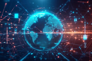 futuristic digital cover featuring a glowing global network with interconnected nodes.