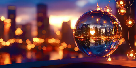 A large city with a Christmas tree ornament in the center