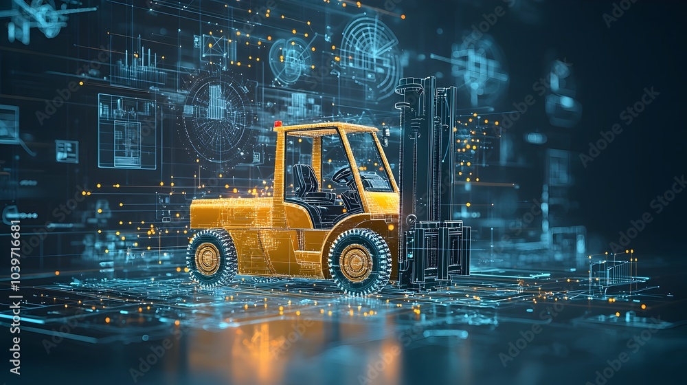 Aufkleber futuristic warehouse logistics concept featuring glowing mesh patterns tracing the paths of forklift
