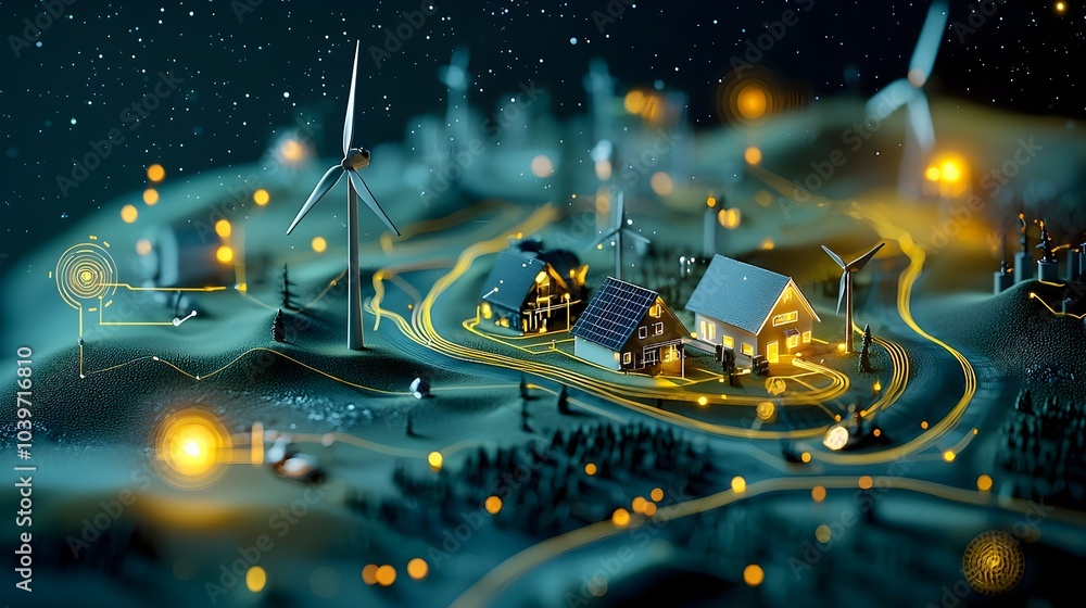 Poster glow mesh diagram illustrating the intricate network and infrastructure of renewable energy systems 
