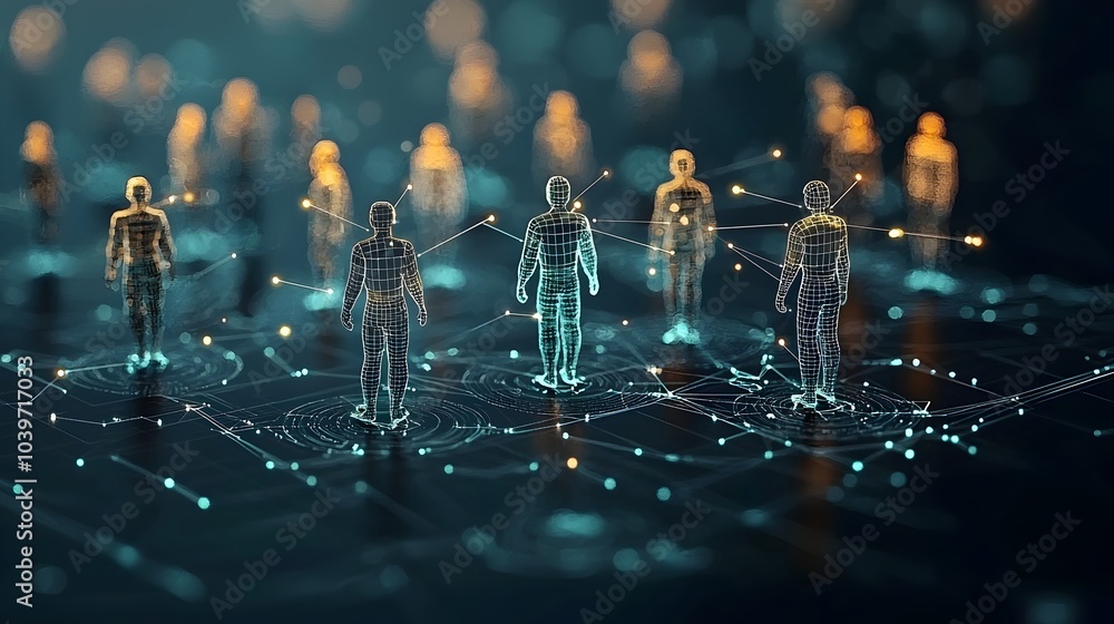Fototapete Glow mesh figures forming a virtual meeting between remote workers collaborating on digital screens  Futuristic technology interface for online communication and in the modern digital workplace