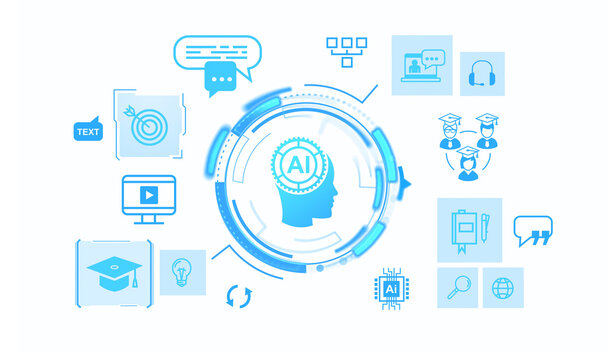 AI-driven education concept with various icons, like chat bubbles, graduation cap, and computer, on a white background, emphasizing learning