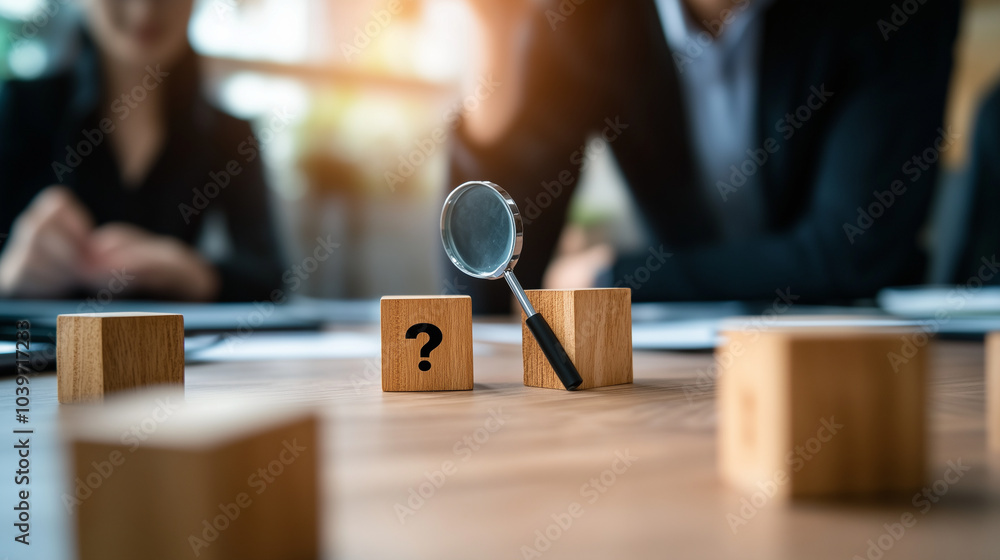 Aufkleber a close-up of wooden cubes arranged on a desk, with one cube featuring a magnifying glass icon and a