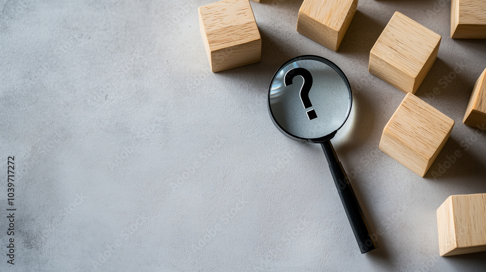 Aufkleber wooden cubes on a light background, one cube displaying a magnifying glass over a question mark, rep