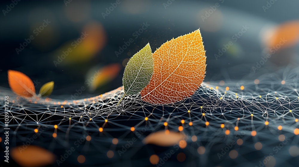Poster glow mesh lines depicting the cycle of leaves changing from vibrant green to warm brown shades in an