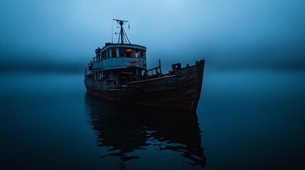 Fototapeta premium A weathered wooden ship rests in the tranquil waters, shrouded in mist, with a single light illuminating the bow.