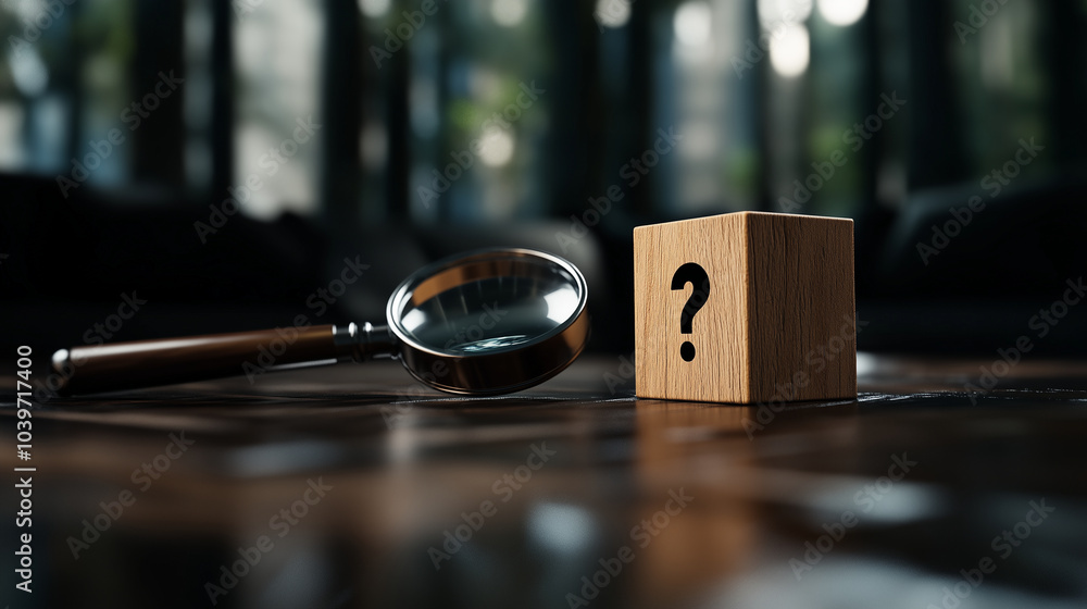 Aufkleber a wooden cube with a magnifying glass icon zooming in on a cube with a question mark, symbolizing th