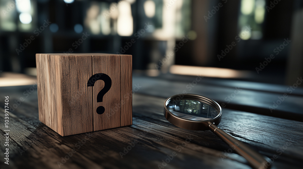 Aufkleber a wooden cube with a magnifying glass icon zooming in on a cube with a question mark, symbolizing th