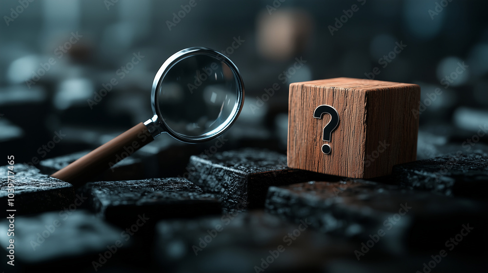 Aufkleber a wooden cube with a magnifying glass icon zooming in on a cube with a question mark, symbolizing th
