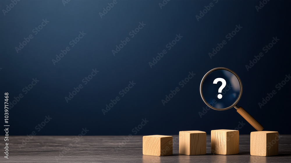 Aufkleber a set of wooden cubes arranged with a magnifying glass illustration focusing on a question mark, wit