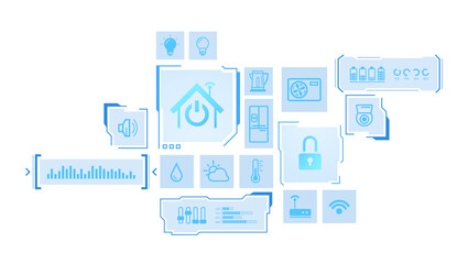 Set of smart home automation icons in blue tones on white background. Represents various connected devices and home controls. Concept of technology