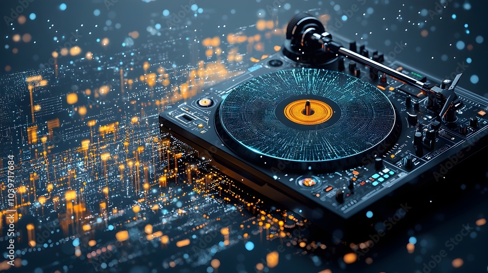 Fototapete glowing abstract mesh dj turntable spinning with vibrant pulsing light waves creating a futuristic m