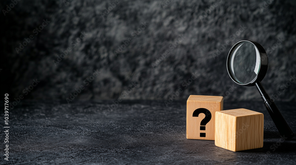 Aufkleber two wooden cubes, one with a magnifying glass icon pointed at another cube displaying a question mar