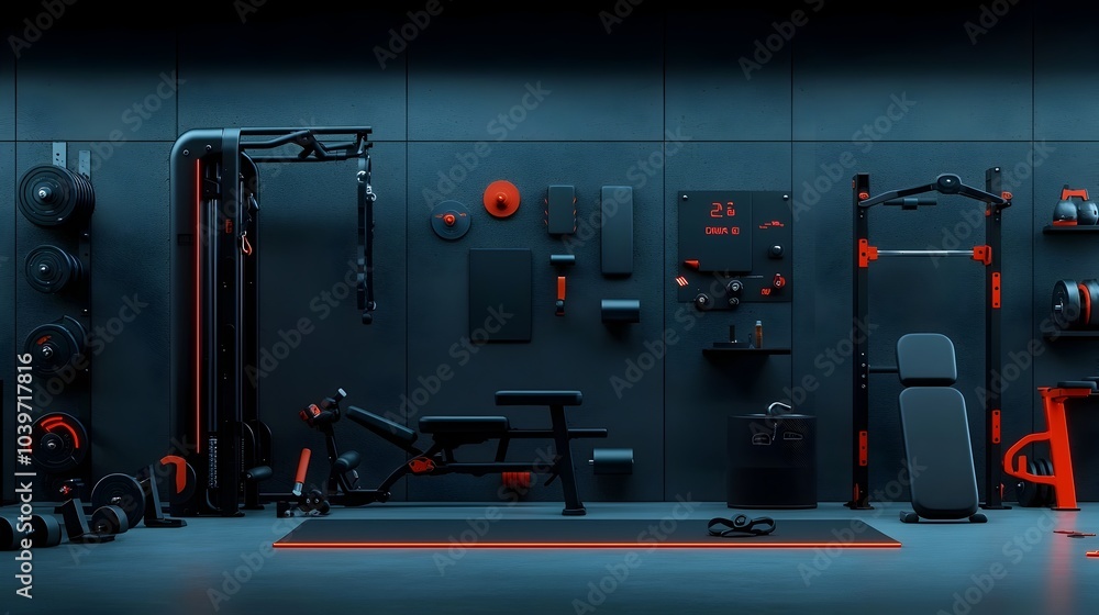 Leinwandbilder glowing abstract mesh lines emanating from various workout equipment such as dumbbells yoga mats and