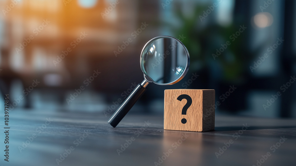 Aufkleber a magnifying glass drawn on a wooden cube zooming in on a question mark symbol on another cube, emph