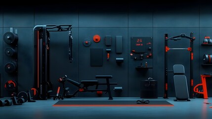 Glowing abstract mesh lines emanating from various workout equipment such as dumbbells yoga mats and resistance bands creating a modern and technological atmosphere in a home gym setting