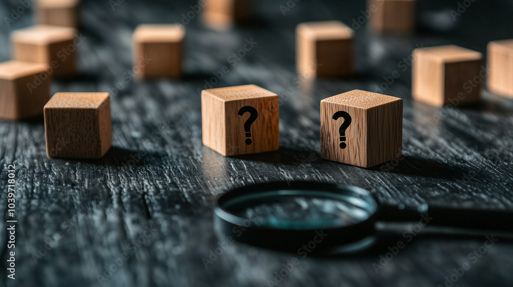 Aufkleber a set of wooden cubes, with a magnifying glass icon highlighting a question mark on another cube, re