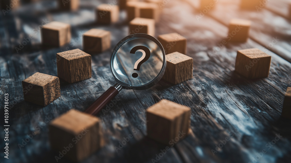 Aufkleber wooden cubes scattered on a table, one featuring a magnifying glass focused on a question mark, symb