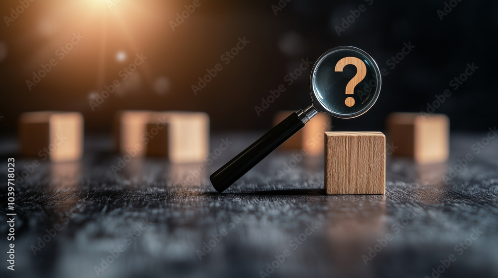 Aufkleber a set of wooden cubes, with a magnifying glass icon highlighting a question mark on another cube, re