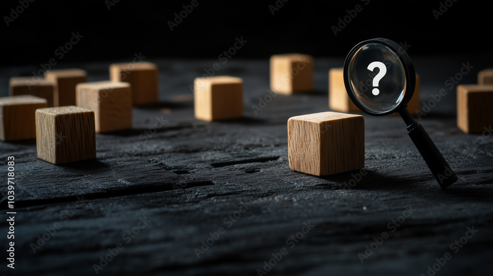 Aufkleber a set of wooden cubes, with a magnifying glass icon highlighting a question mark on another cube, re