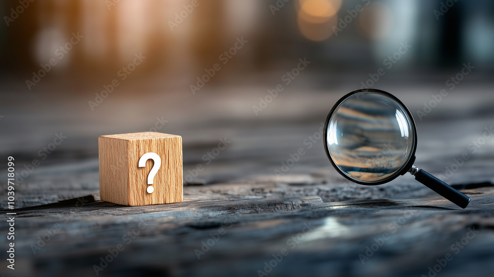 Aufkleber a magnifying glass icon on a wooden cube zooming in on a question mark cube, representing the proces