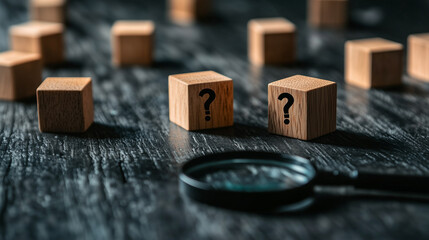 A set of wooden cubes, with a magnifying glass icon highlighting a question mark on another cube, representing analytical thinking and root cause identification in problem-solving.