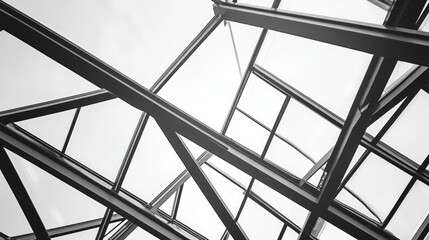 A low angle view of a modern building's steel frame and glass panels against a bright white sky.