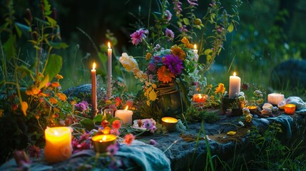 Decorating a Beltane altar with flowers, candles, and symbols of fertility,...