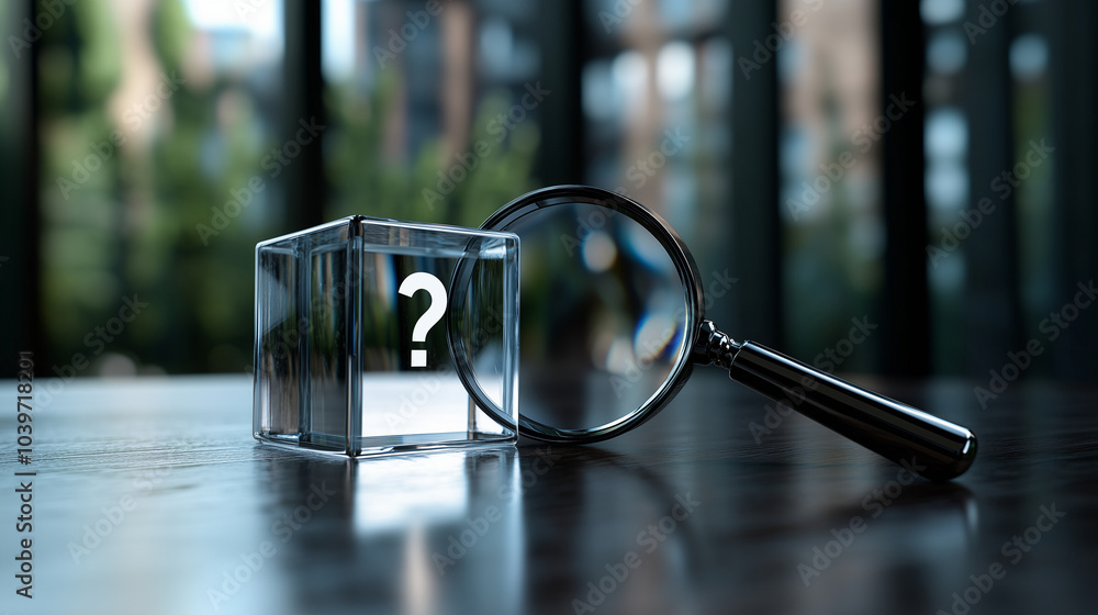 Aufkleber a cube with a magnifying glass icon focusing on a cube with a question mark, set against a clean bac