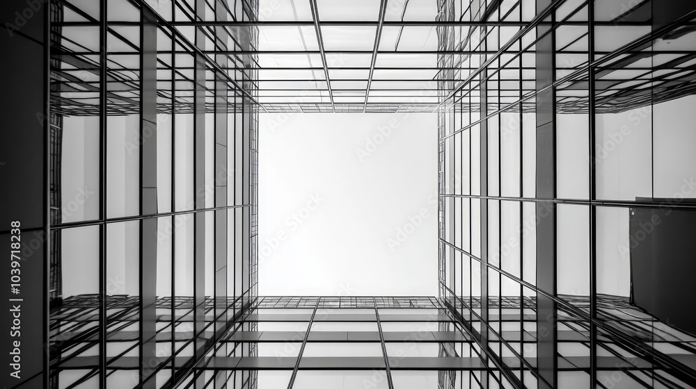 Poster a low angle view of a modern glass building with a square frame and a bright sky in the center.